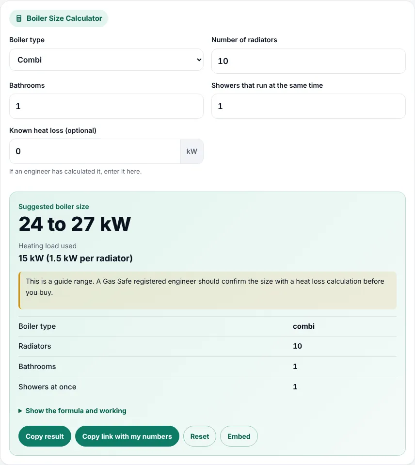 Boiler size calculator inputs for a combi boiler with 12 radiators and 2 bathrooms