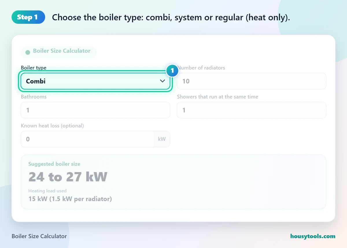 Step 1 of using the Boiler Size Calculator: Choose the boiler type: combi, system or regular (heat only).