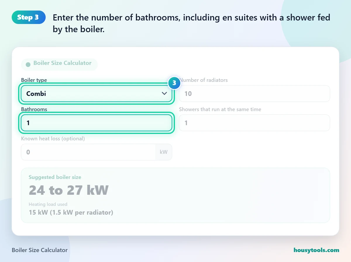 Step 3 of using the Boiler Size Calculator: Enter the number of bathrooms, including en suites with a shower fed by the boiler.