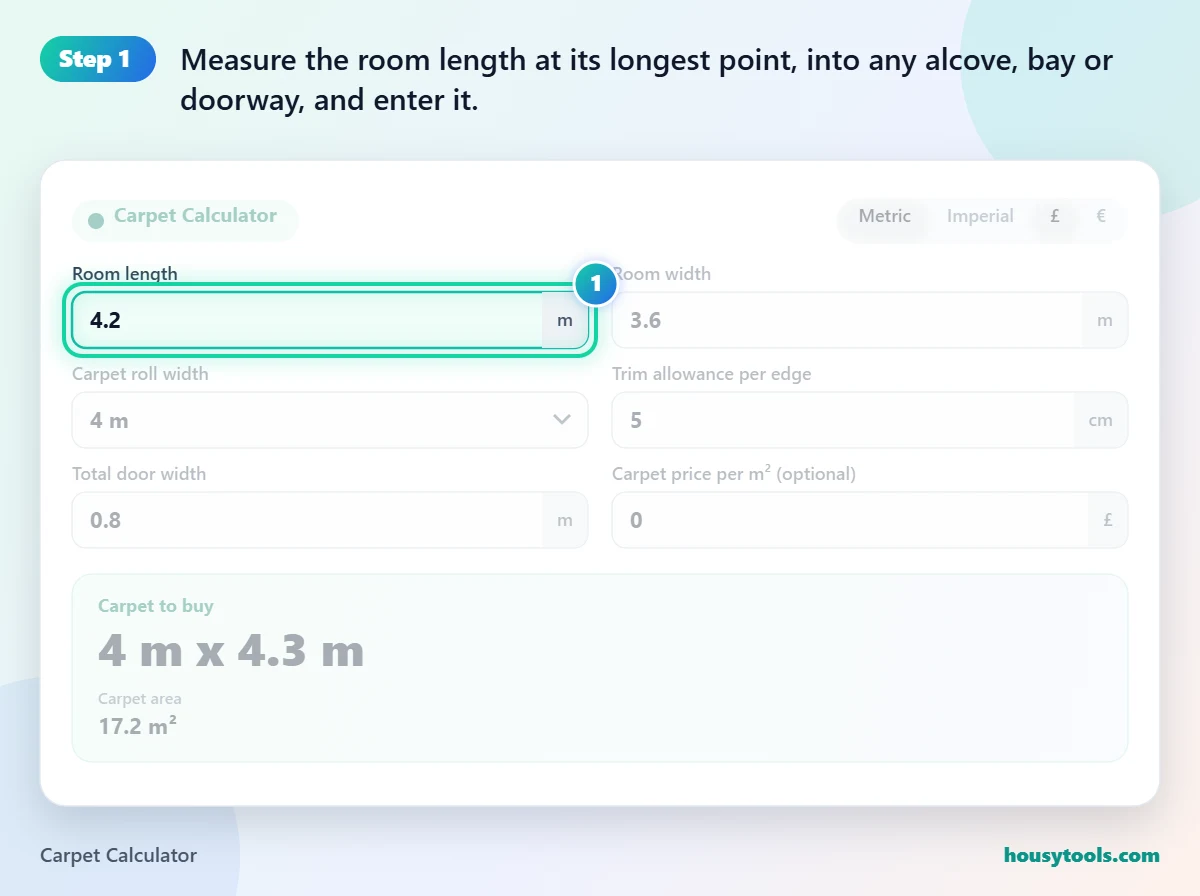 Step 1 of using the Carpet Calculator: Measure the room length at its longest point, into any alcove, bay or doorway, and enter it.