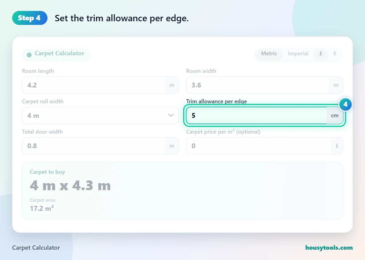 Step 4 of using the Carpet Calculator: Set the trim allowance per edge.