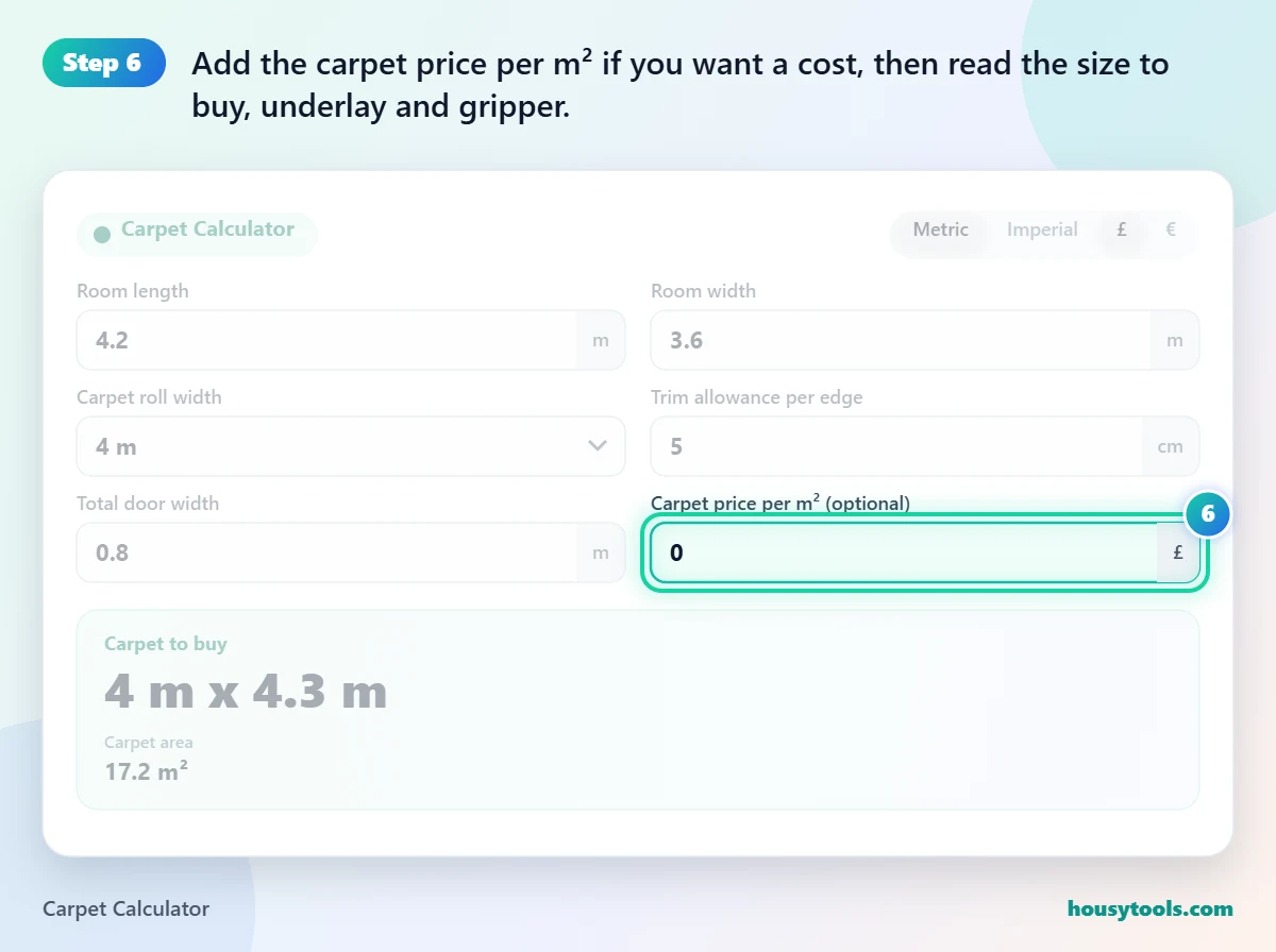 Step 6 of using the Carpet Calculator: Add the carpet price per m² if you want a cost, then read the size to buy, underlay and gripper.