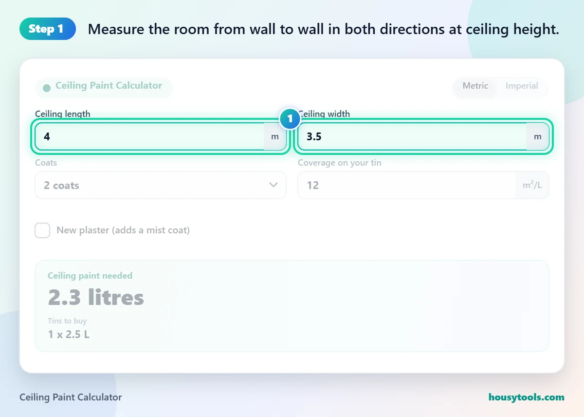 Step 1 of using the Ceiling Paint Calculator: Measure the room from wall to wall in both directions at ceiling height.