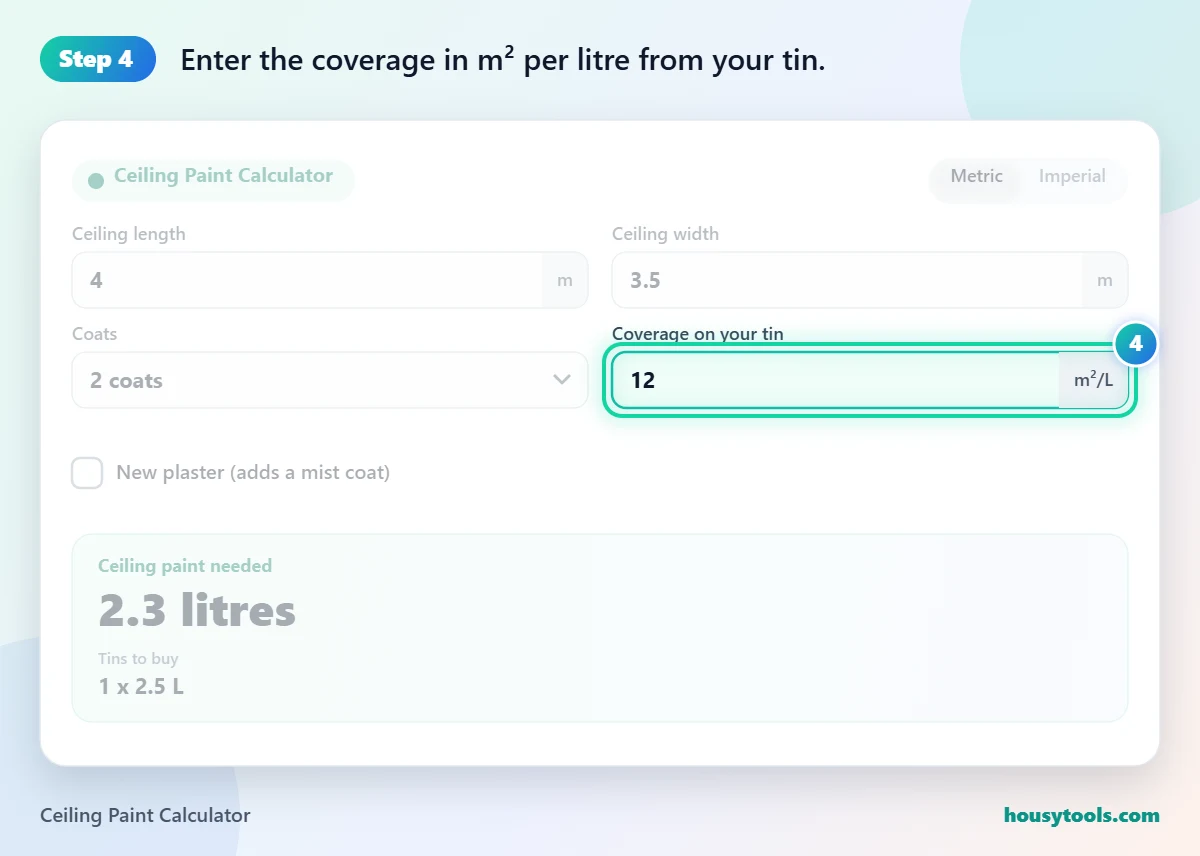 Step 4 of using the Ceiling Paint Calculator: Enter the coverage in m² per litre from your tin.