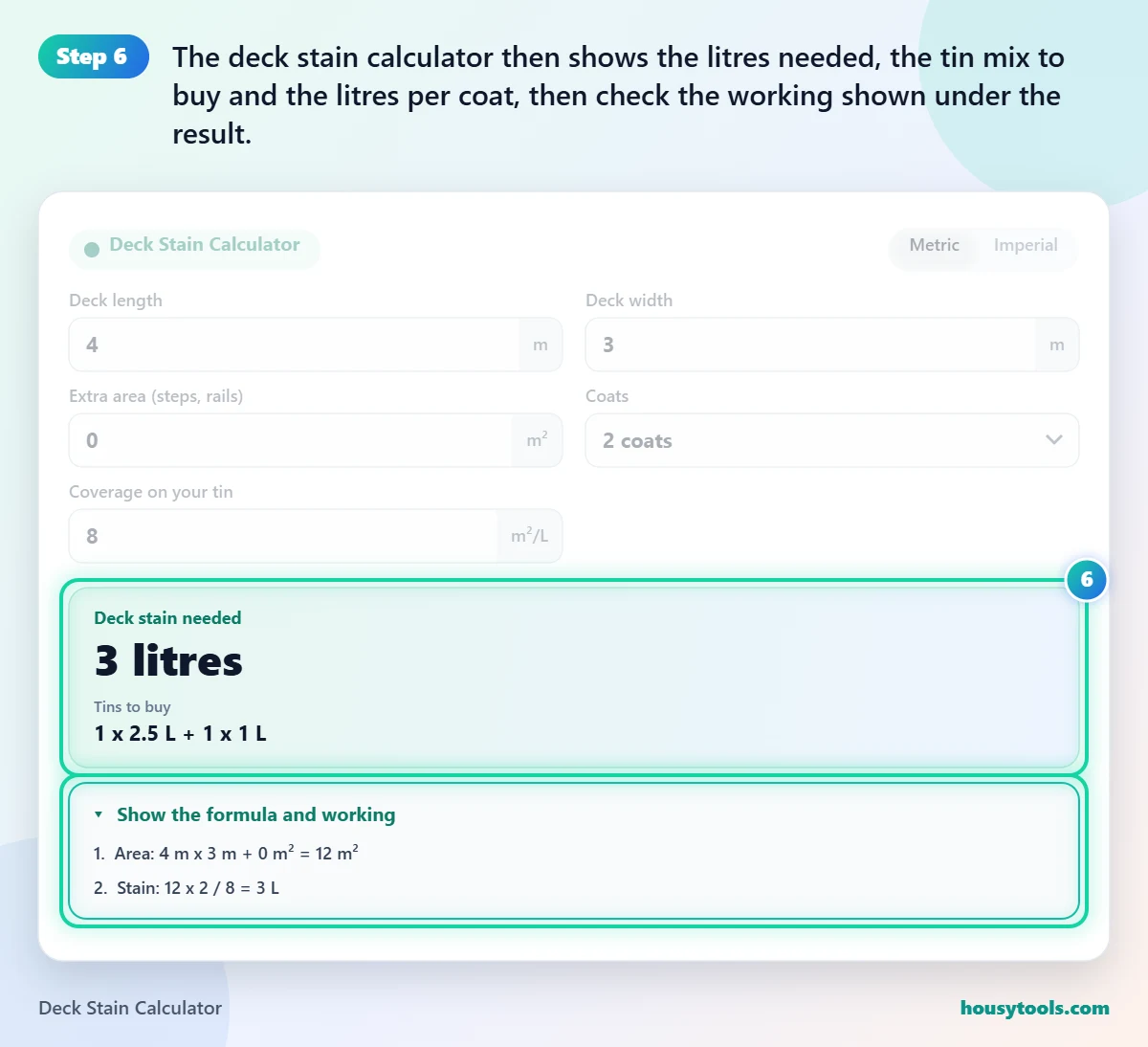 Step 6 of using the Deck Stain Calculator: The deck stain calculator then shows the litres needed, the tin mix to buy and the litres per coat, then check the working shown under the result.