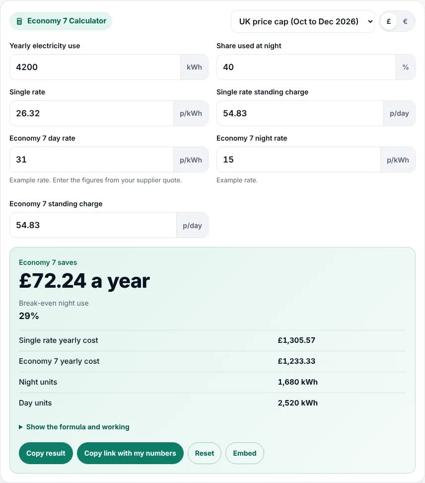 Economy 7 calculator inputs for yearly use, night share, single rate and Economy 7 rates
