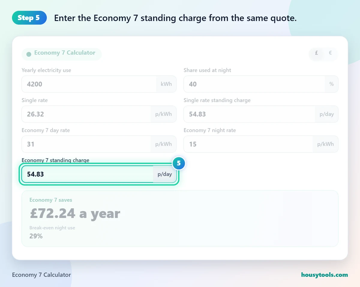 Step 5 of using the Economy 7 Calculator: Enter the Economy 7 standing charge from the same quote.