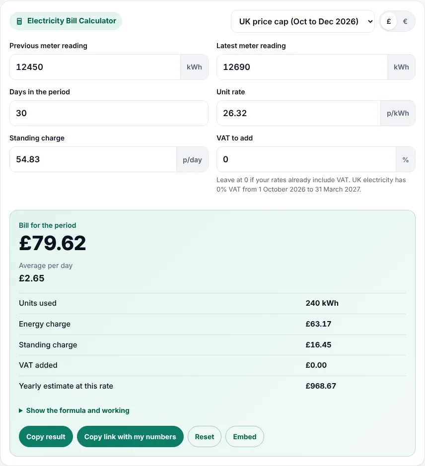 Electricity bill calculator filled in with readings 48215 and 48437 over 31 days