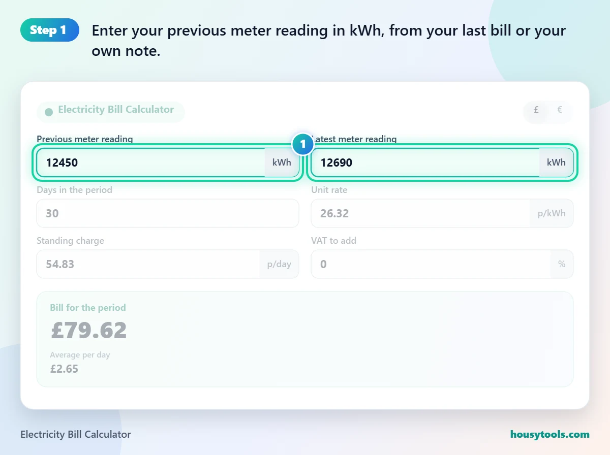 Step 1 of using the Electricity Bill Calculator: Enter your previous meter reading in kWh, from your last bill or your own note.