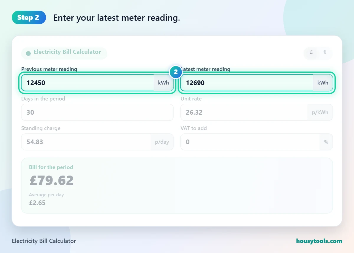 Step 2 of using the Electricity Bill Calculator: Enter your latest meter reading.