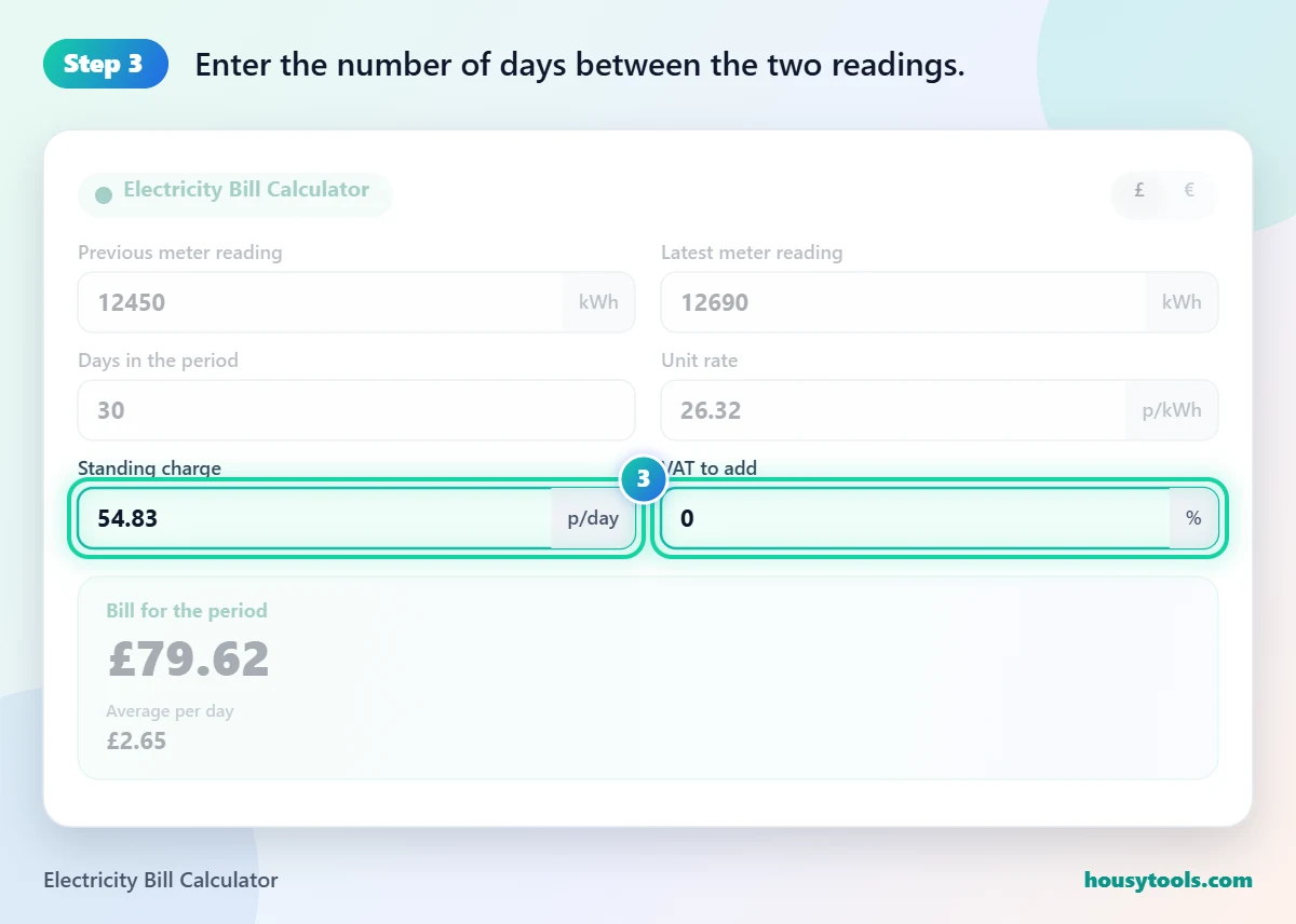 Step 3 of using the Electricity Bill Calculator: Enter the number of days between the two readings.
