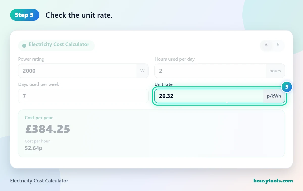 Step 5 of using the Electricity Cost Calculator: Check the unit rate.