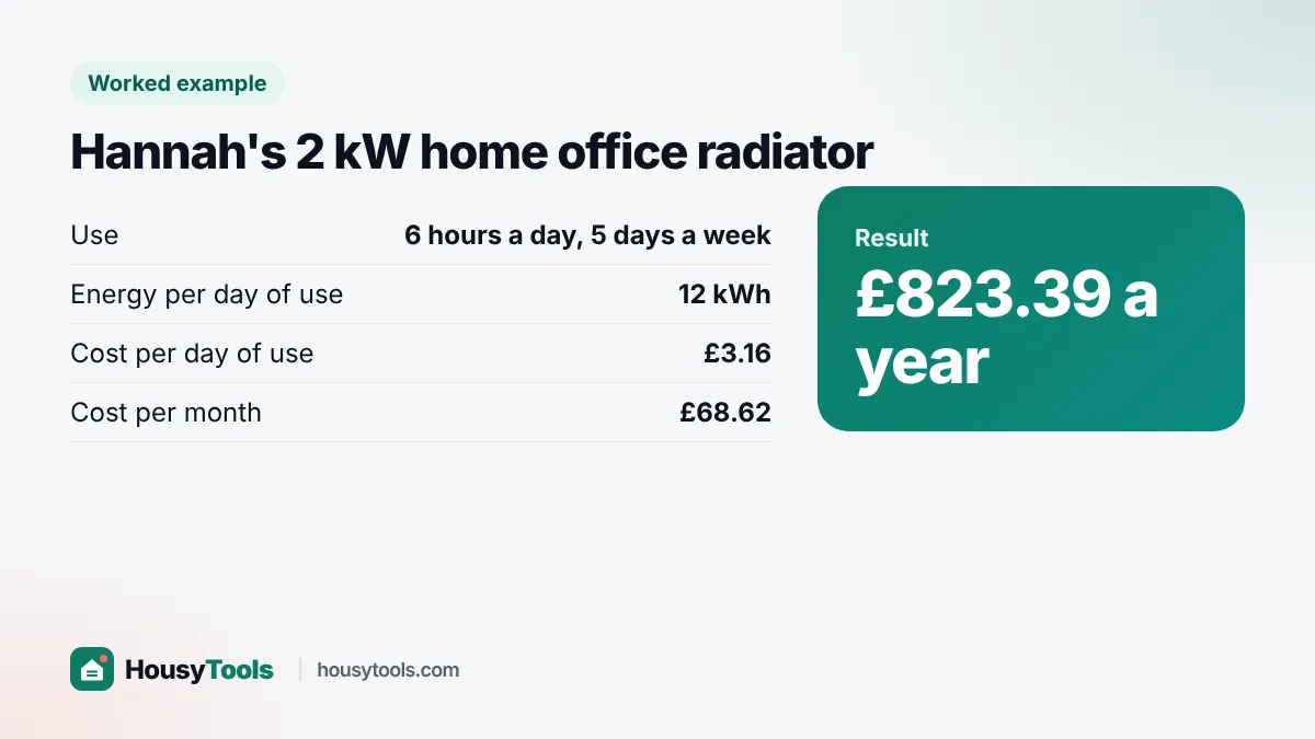 Worked example card: Hannah's 2 kW radiator costs £823.39 a year to run