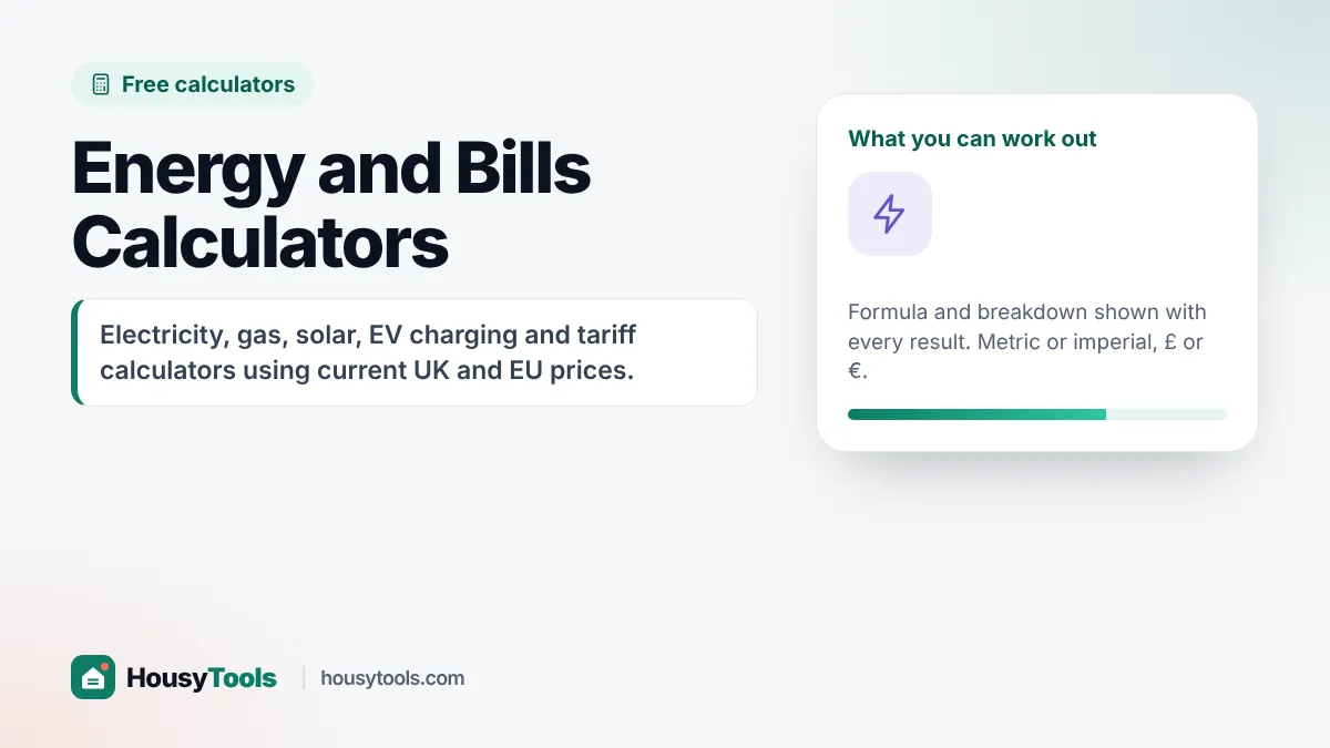 Energy bill calculators hub showing an electricity meter, gas meter, solar panel, heat pump and electric car charger