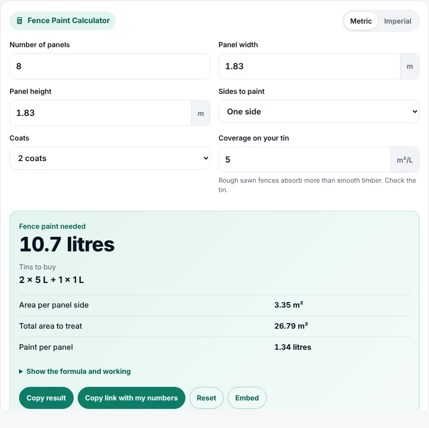 Fence paint calculator inputs for ten 1.83 m panels, one side, two coats