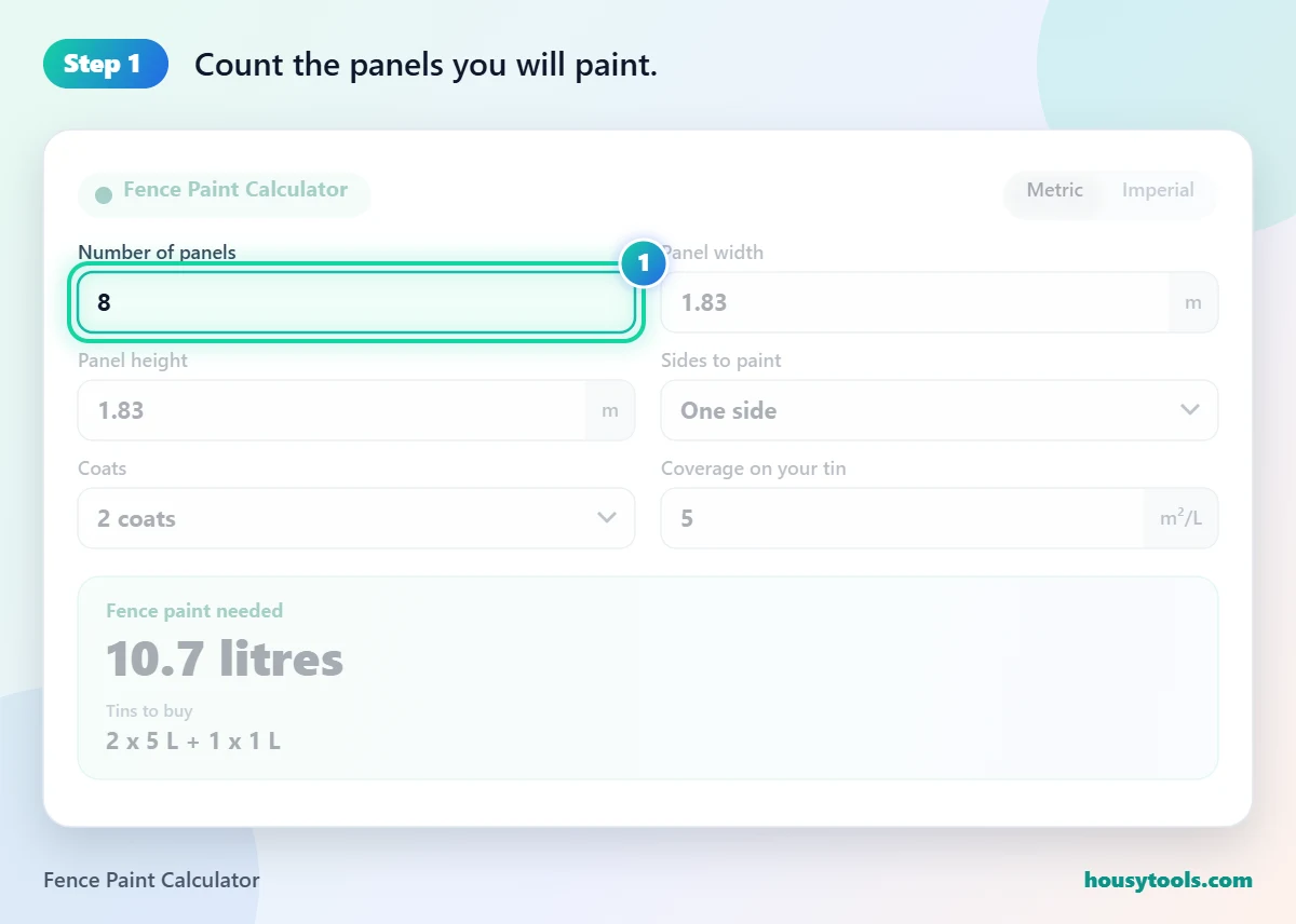 Step 1 of using the Fence Paint Calculator: Count the panels you will paint.