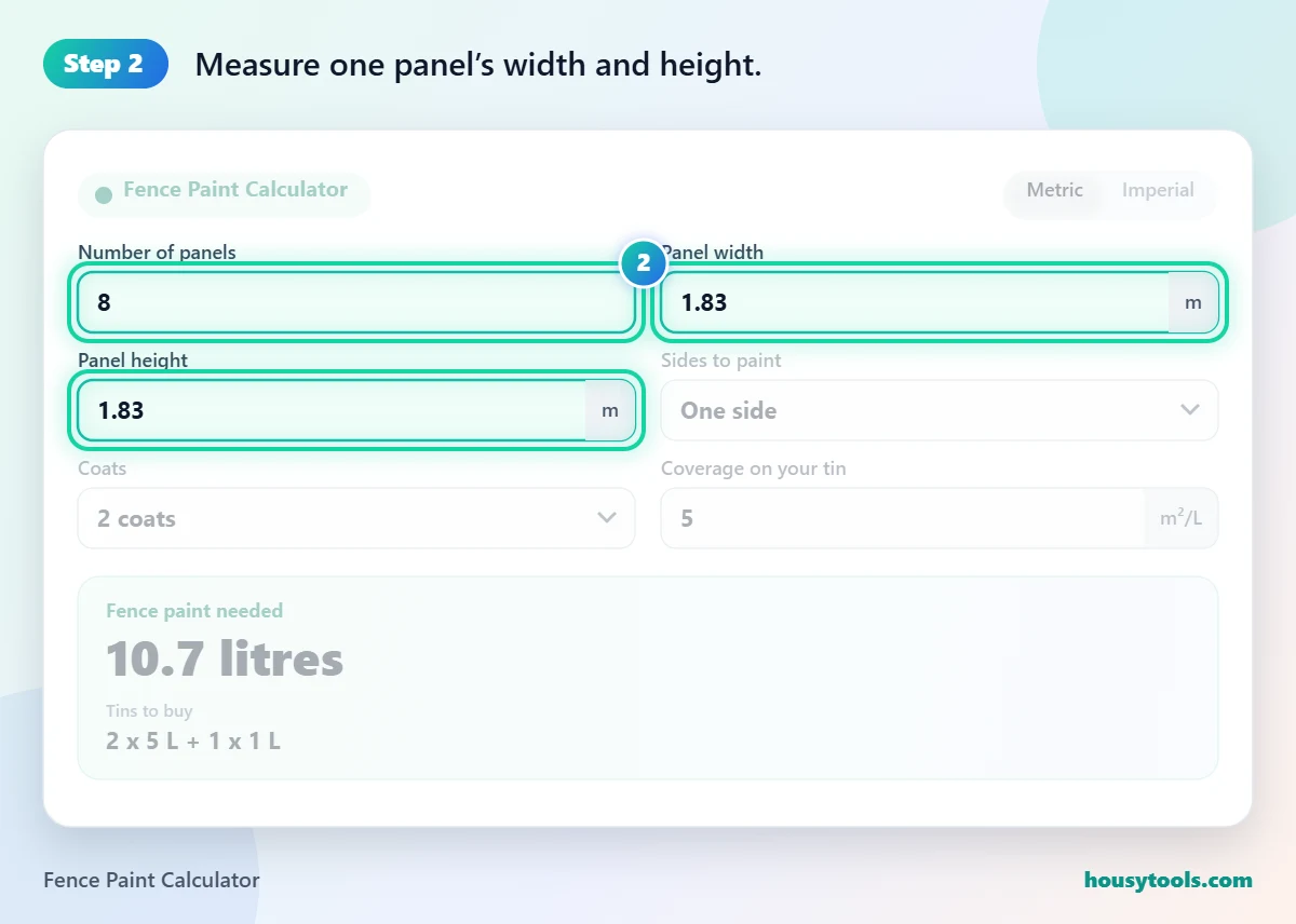 Step 2 of using the Fence Paint Calculator: Measure one panel’s width and height.