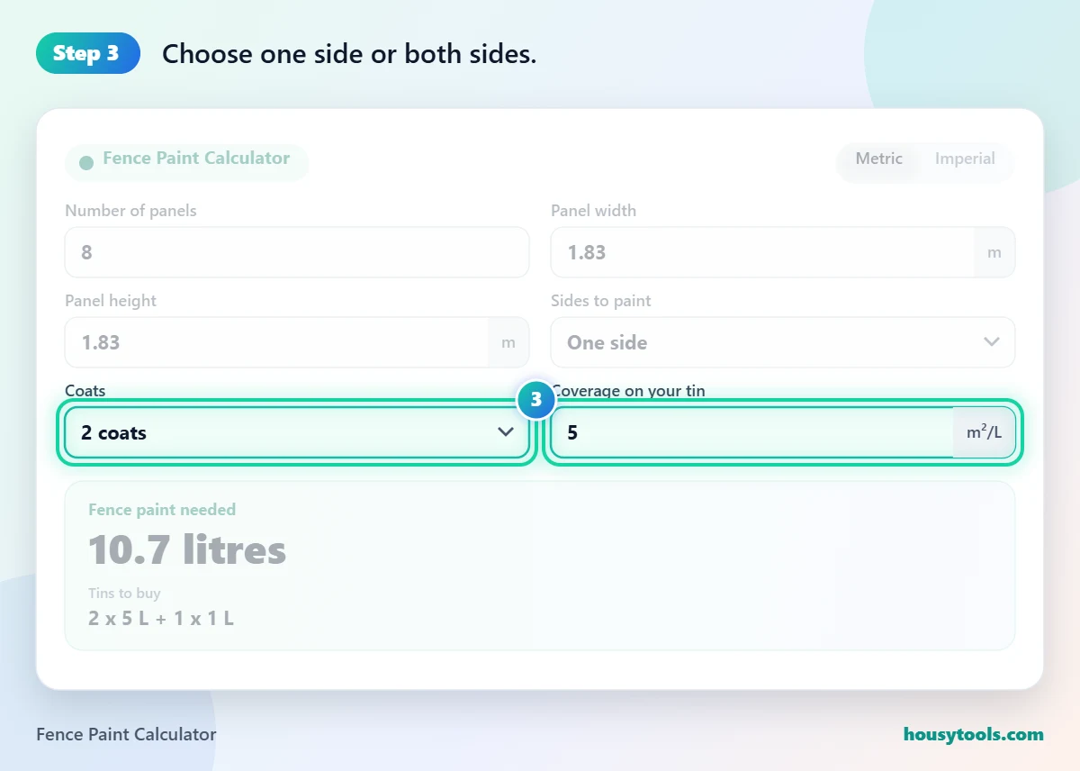 Step 3 of using the Fence Paint Calculator: Choose one side or both sides.