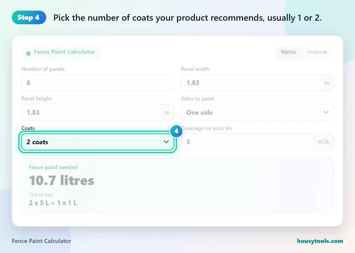 Step 4 of using the Fence Paint Calculator: Pick the number of coats your product recommends, usually 1 or 2.