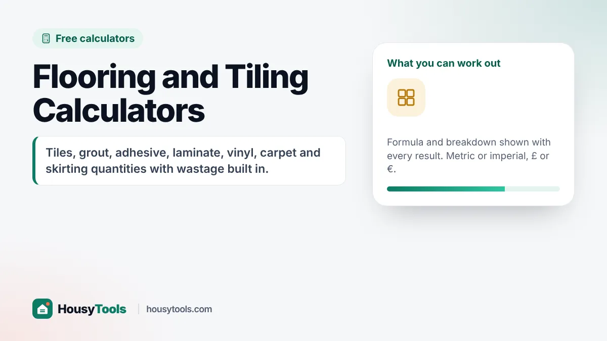 Flooring calculators hub showing tiles, laminate planks, a carpet roll, grout and adhesive bags with room measurements