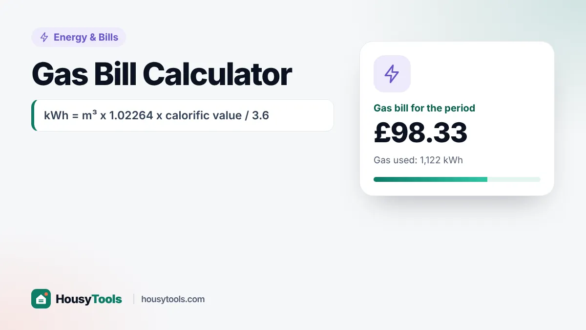 Gas bill calculator showing meter readings converted to kWh and a bill in pounds