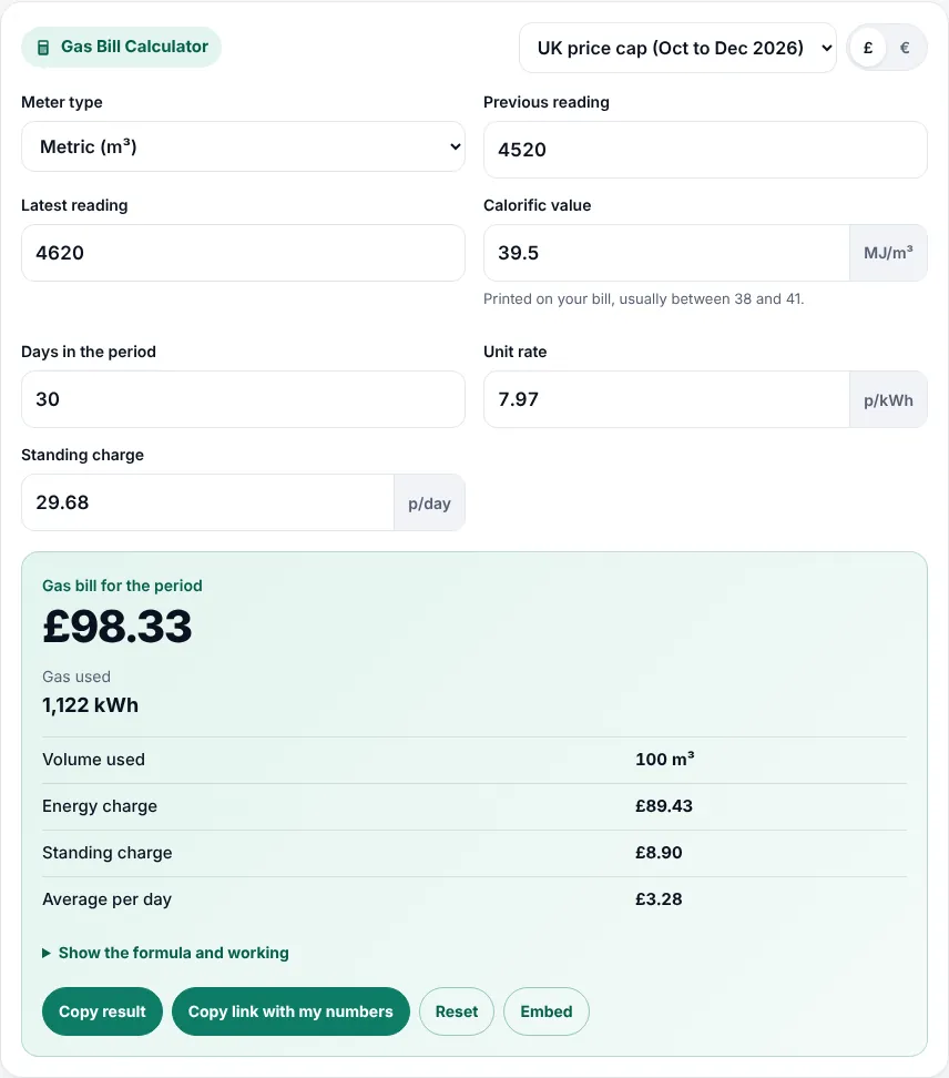 Gas bill calculator inputs filled in with meter type, two readings, calorific value and tariff
