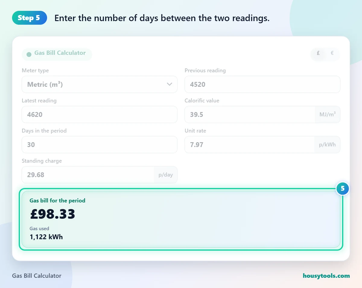 Step 5 of using the Gas Bill Calculator: Enter the number of days between the two readings.