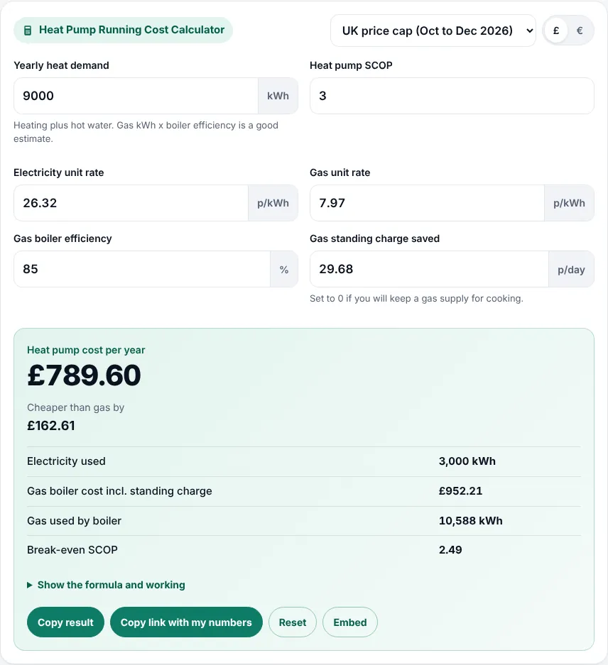 Heat pump running cost calculator inputs for heat demand, SCOP, tariffs, boiler efficiency and standing charge