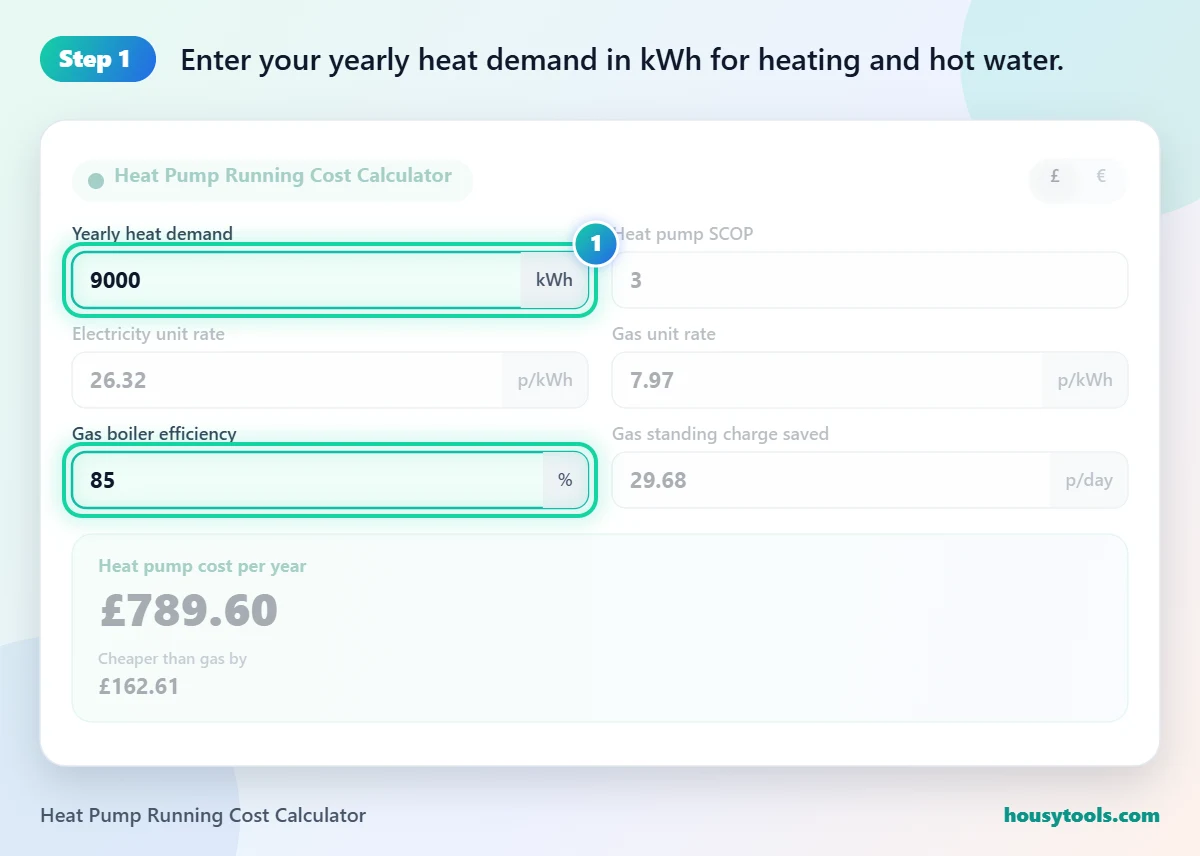 Step 1 of using the Heat Pump Running Cost Calculator: Enter your yearly heat demand in kWh for heating and hot water.