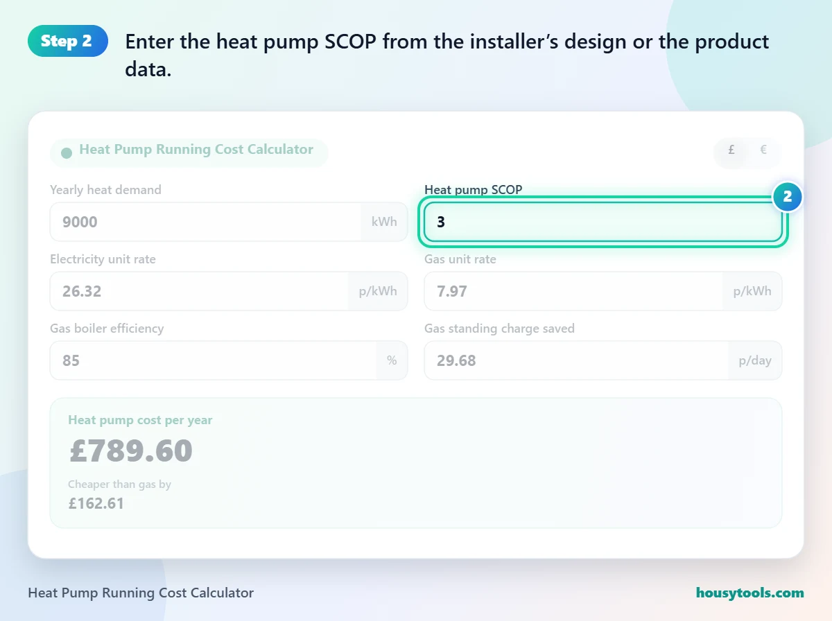 Step 2 of using the Heat Pump Running Cost Calculator: Enter the heat pump SCOP from the installer’s design or the product data.