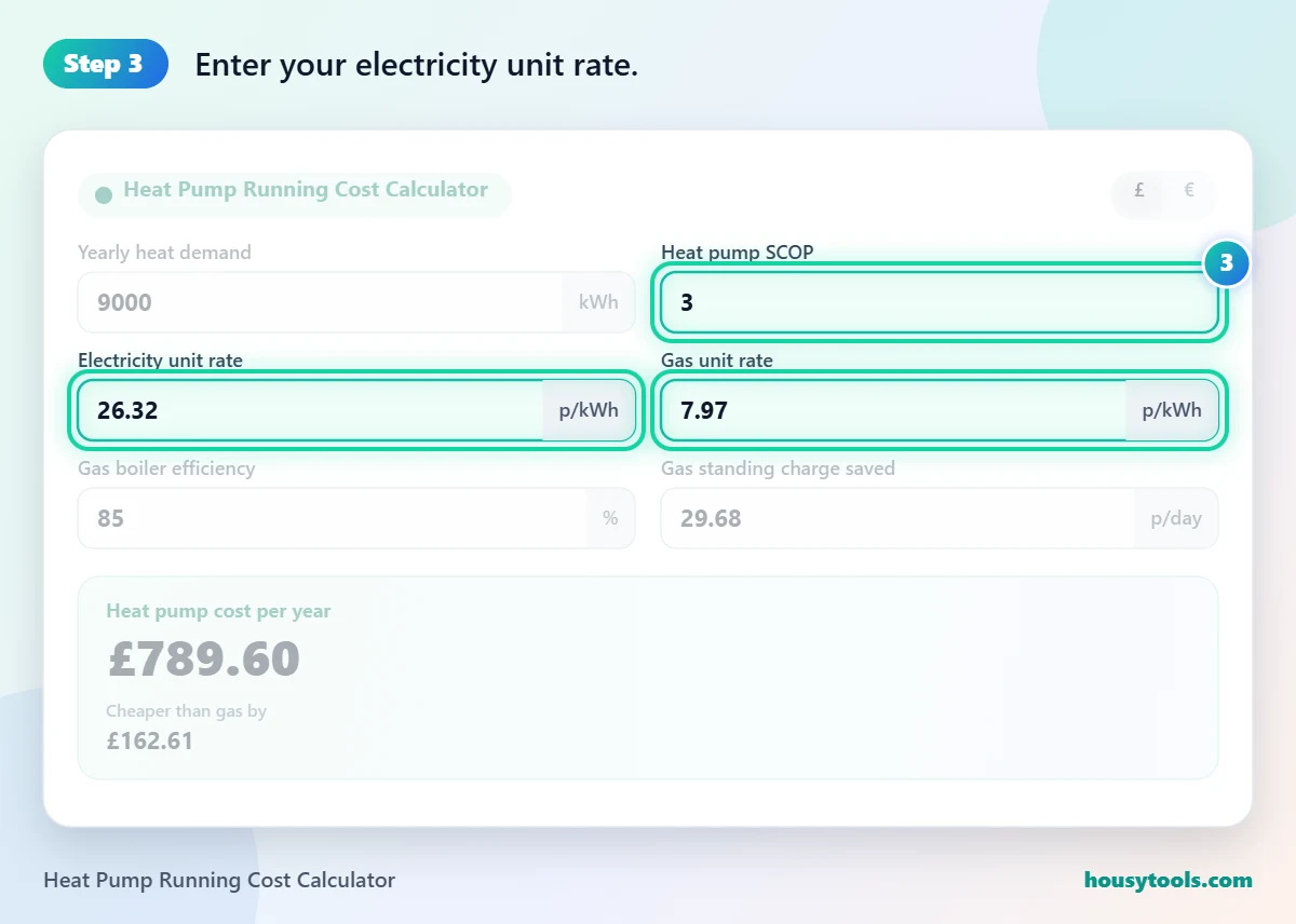 Step 3 of using the Heat Pump Running Cost Calculator: Enter your electricity unit rate.