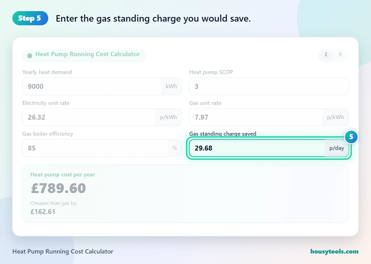 Step 5 of using the Heat Pump Running Cost Calculator: Enter the gas standing charge you would save.
