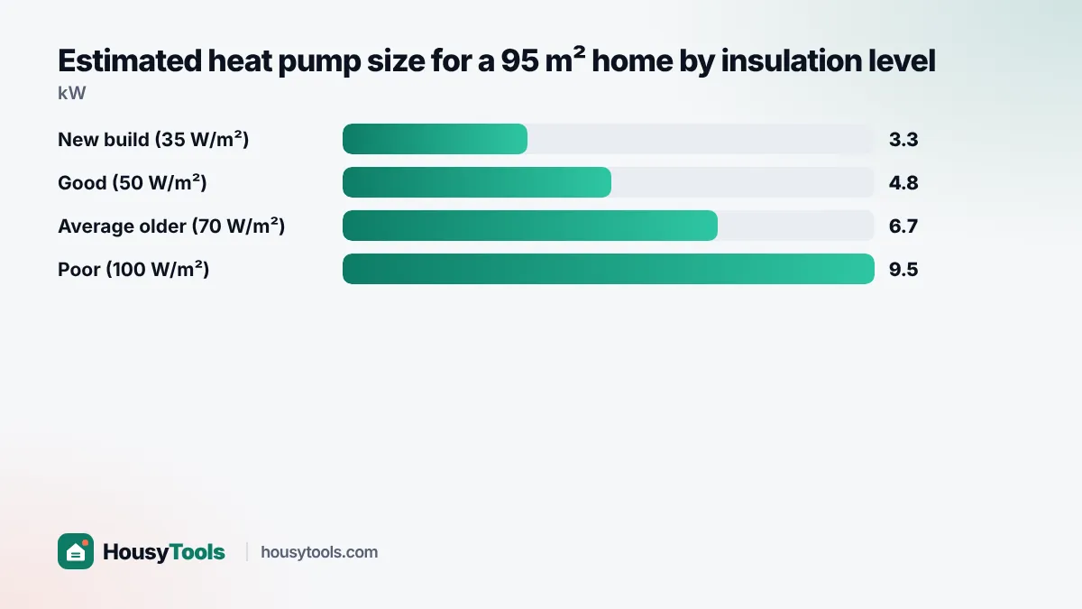 Bar chart of estimated heat pump size for a 95 m² home across four insulation levels