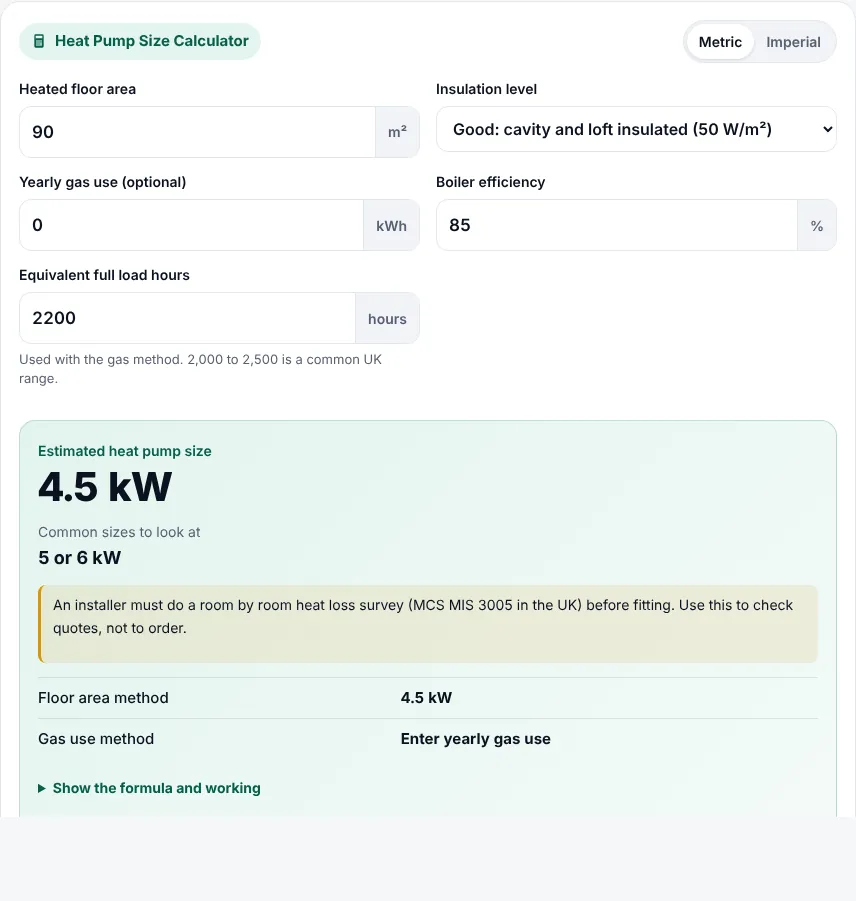 Heat pump size calculator inputs for a 95 m² home with yearly gas use entered