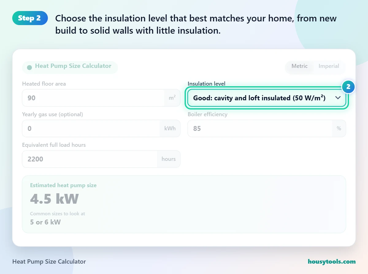 Step 2 of using the Heat Pump Size Calculator: Choose the insulation level that best matches your home, from new build to solid walls with little insulation.