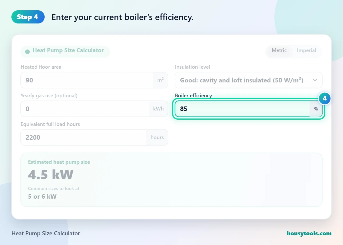 Step 4 of using the Heat Pump Size Calculator: Enter your current boiler’s efficiency.