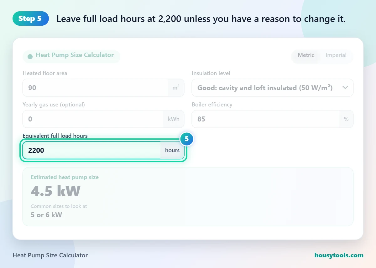 Step 5 of using the Heat Pump Size Calculator: Leave full load hours at 2,200 unless you have a reason to change it.