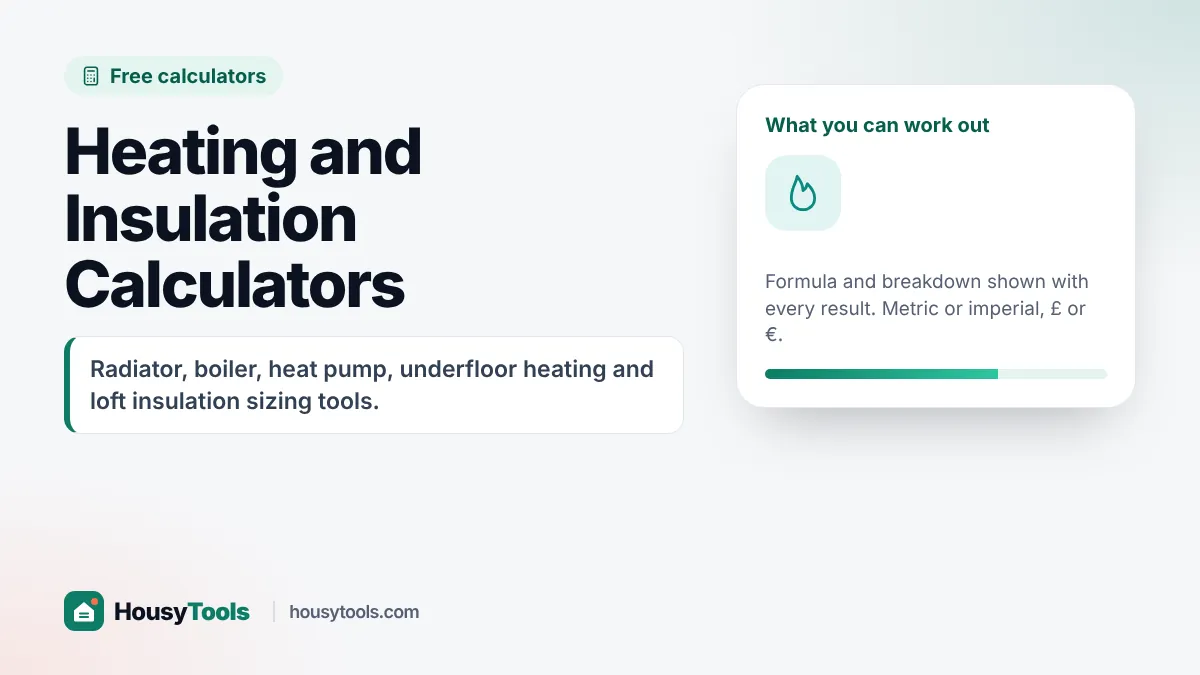 Heating calculators hub showing a radiator, combi boiler, heat pump, underfloor heating pipes and loft insulation rolls