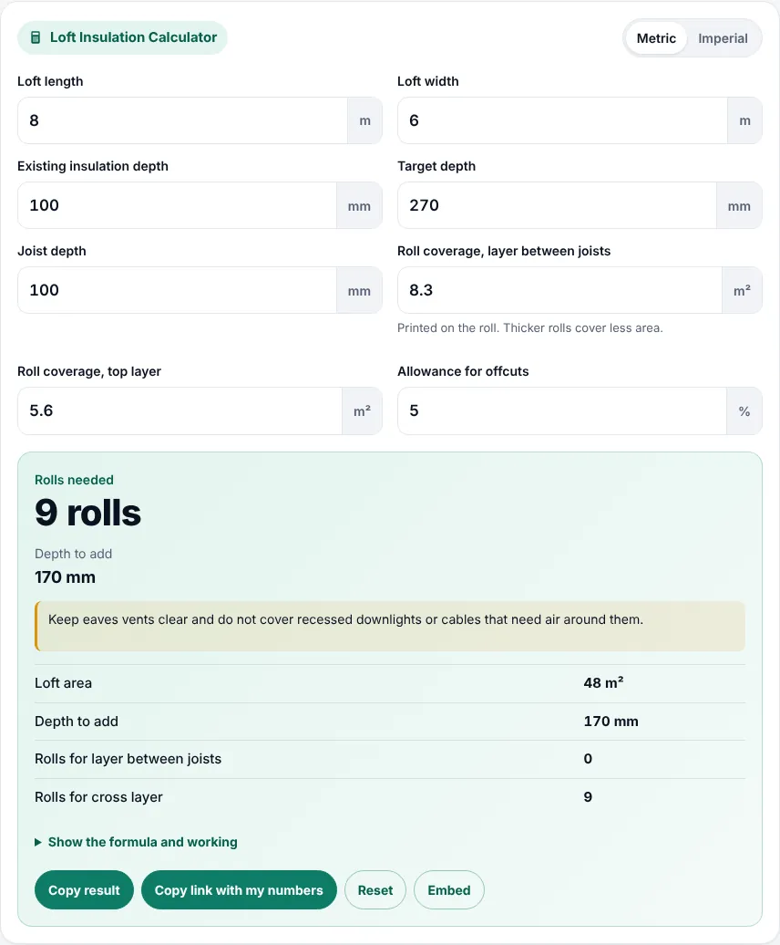 Loft insulation calculator inputs for an 8.5 m by 6.2 m loft with 100 mm of existing insulation