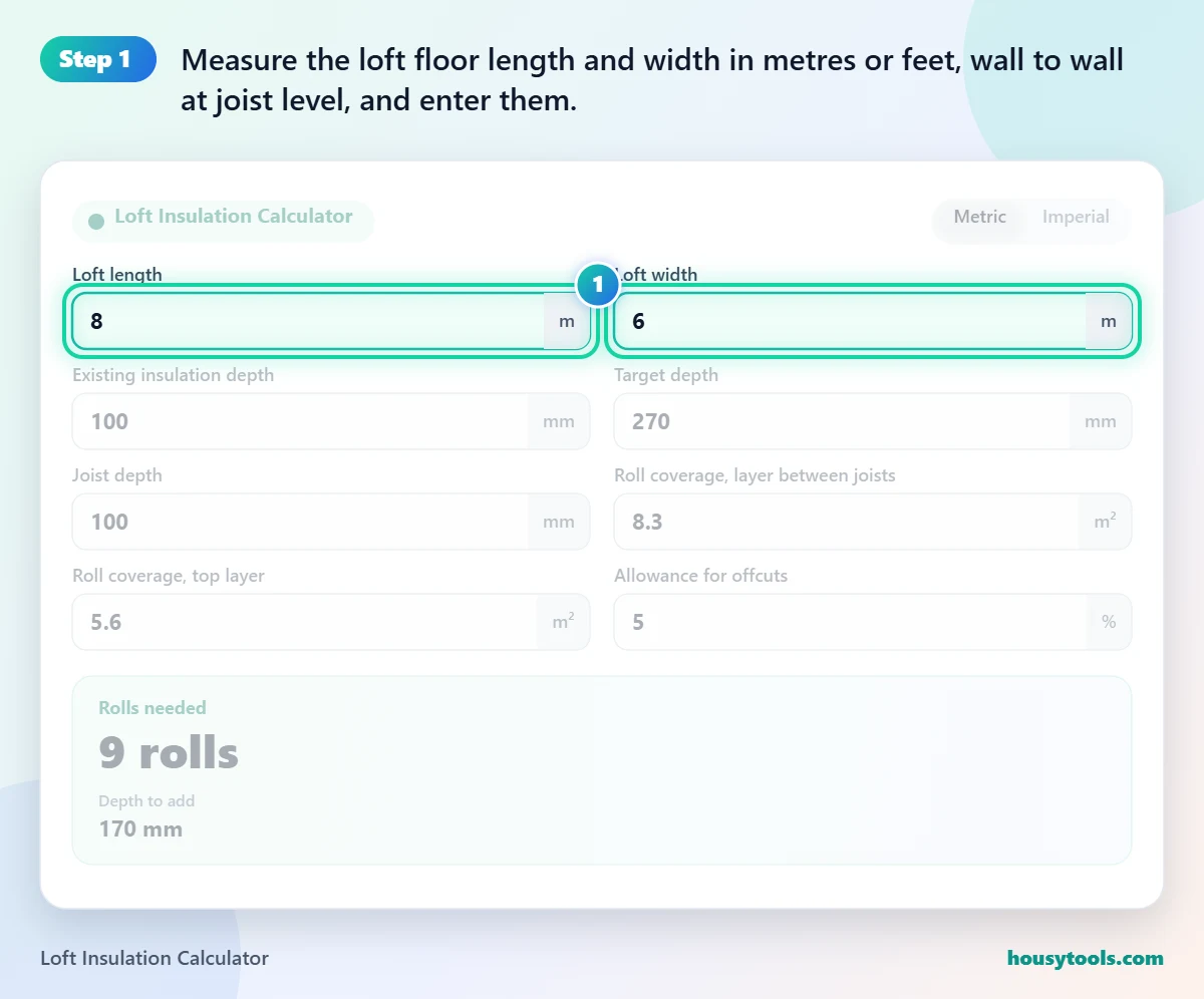 Step 1 of using the Loft Insulation Calculator: Measure the loft floor length and width in metres or feet, wall to wall at joist level, and enter them.