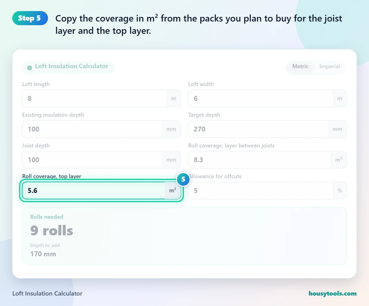 Step 5 of using the Loft Insulation Calculator: Copy the coverage in m² from the packs you plan to buy for the joist layer and the top layer.