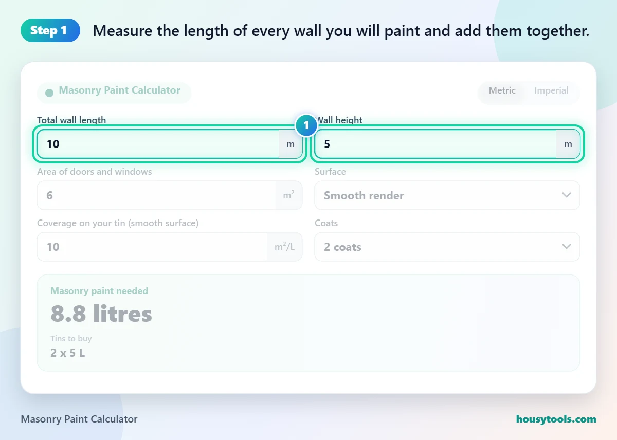 Step 1 of using the Masonry Paint Calculator: Measure the length of every wall you will paint and add them together.