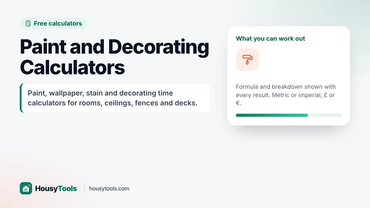 Paint and decorating calculators hub showing paint tins, a wallpaper roll, a fence panel and a deck with measurements