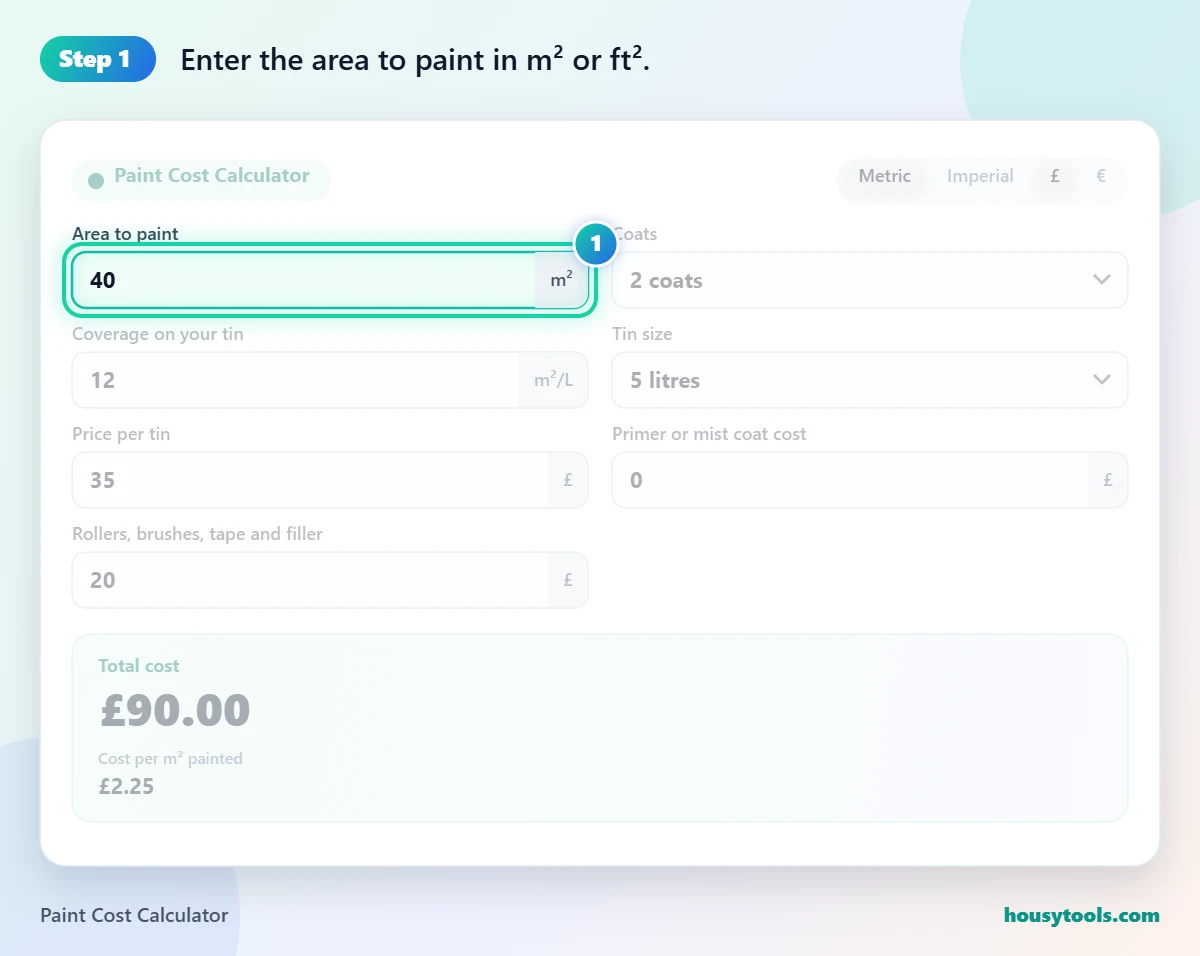 Step 1 of using the Paint Cost Calculator: Enter the area to paint in m² or ft².