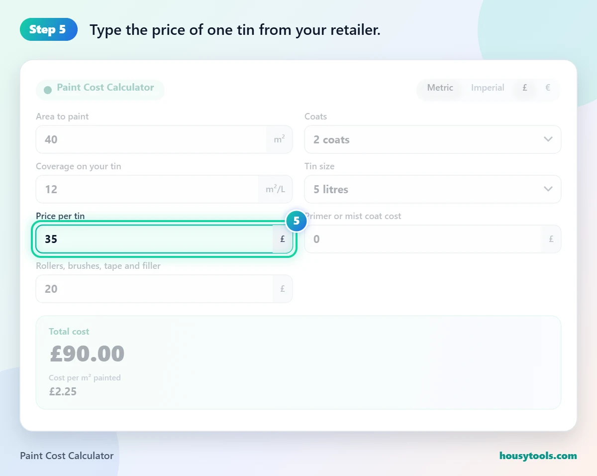 Step 5 of using the Paint Cost Calculator: Type the price of one tin from your retailer.