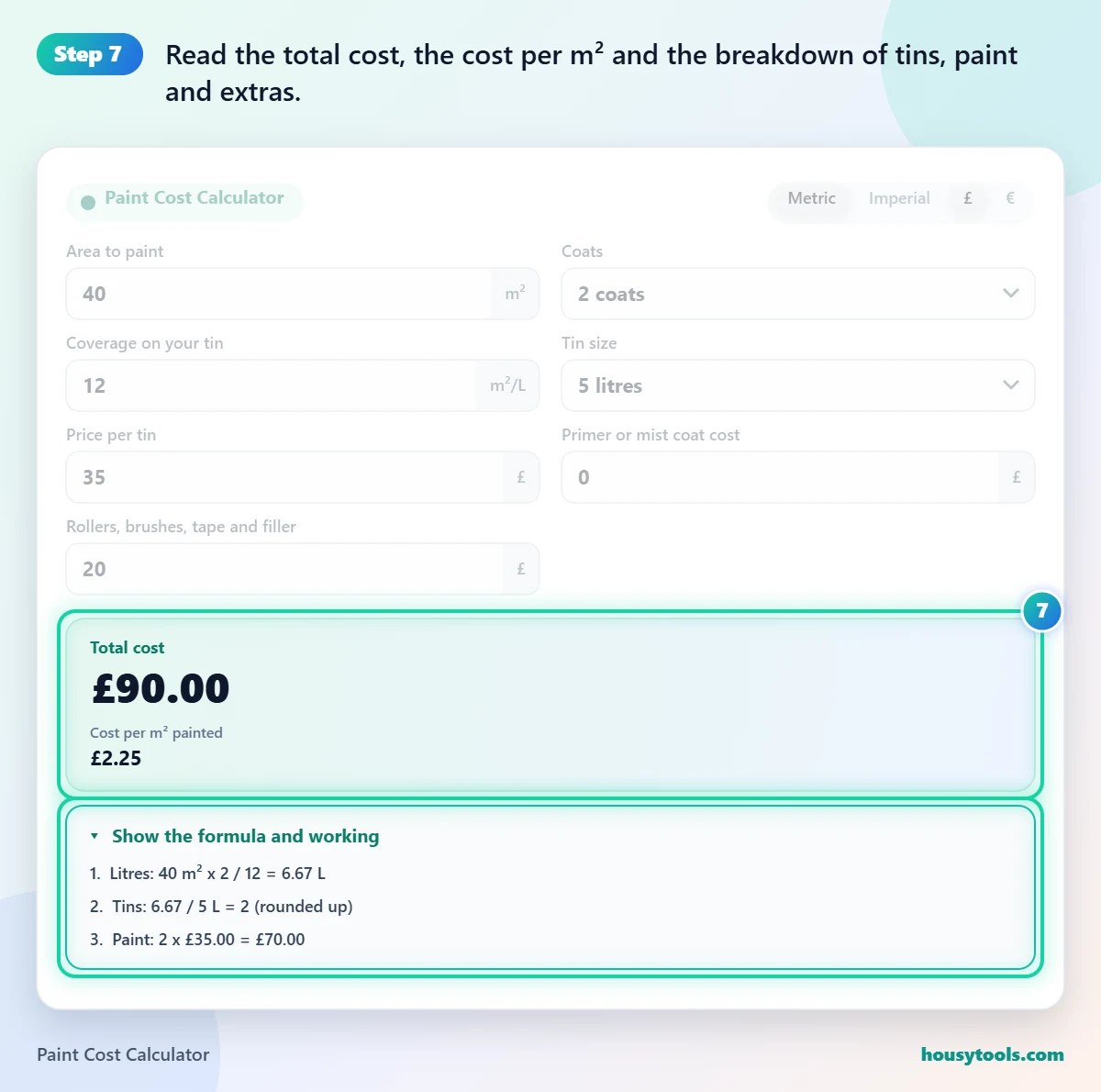 Step 7 of using the Paint Cost Calculator: Read the total cost, the cost per m² and the breakdown of tins, paint and extras.