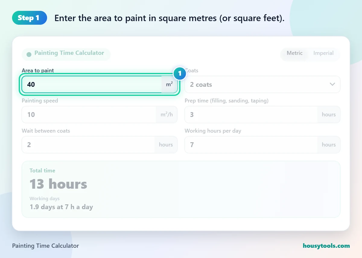 Step 1 of using the Painting Time Calculator: Enter the area to paint in square metres (or square feet).