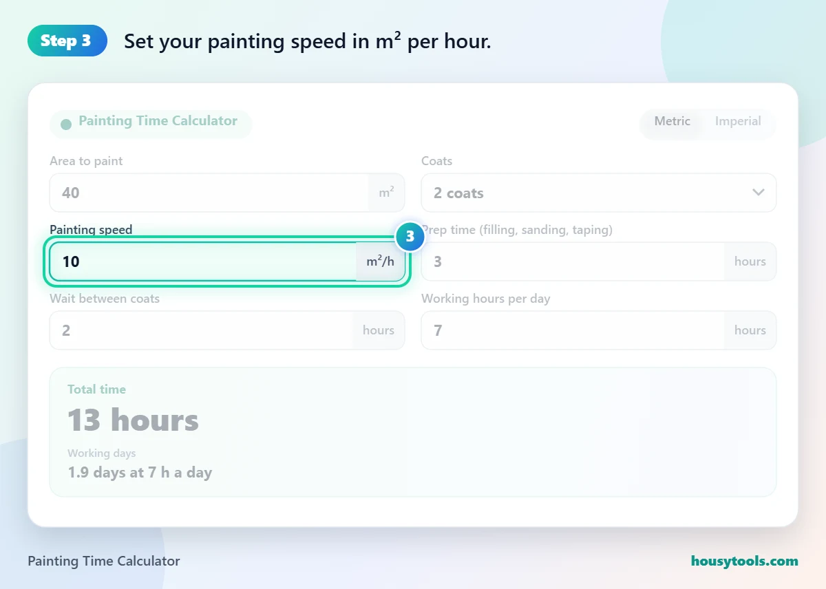 Step 3 of using the Painting Time Calculator: Set your painting speed in m² per hour.