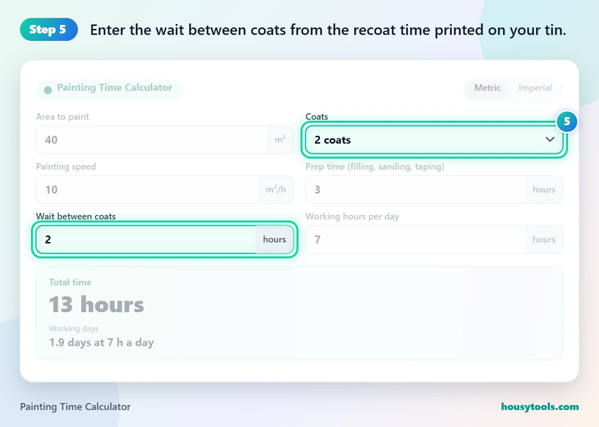 Step 5 of using the Painting Time Calculator: Enter the wait between coats from the recoat time printed on your tin.