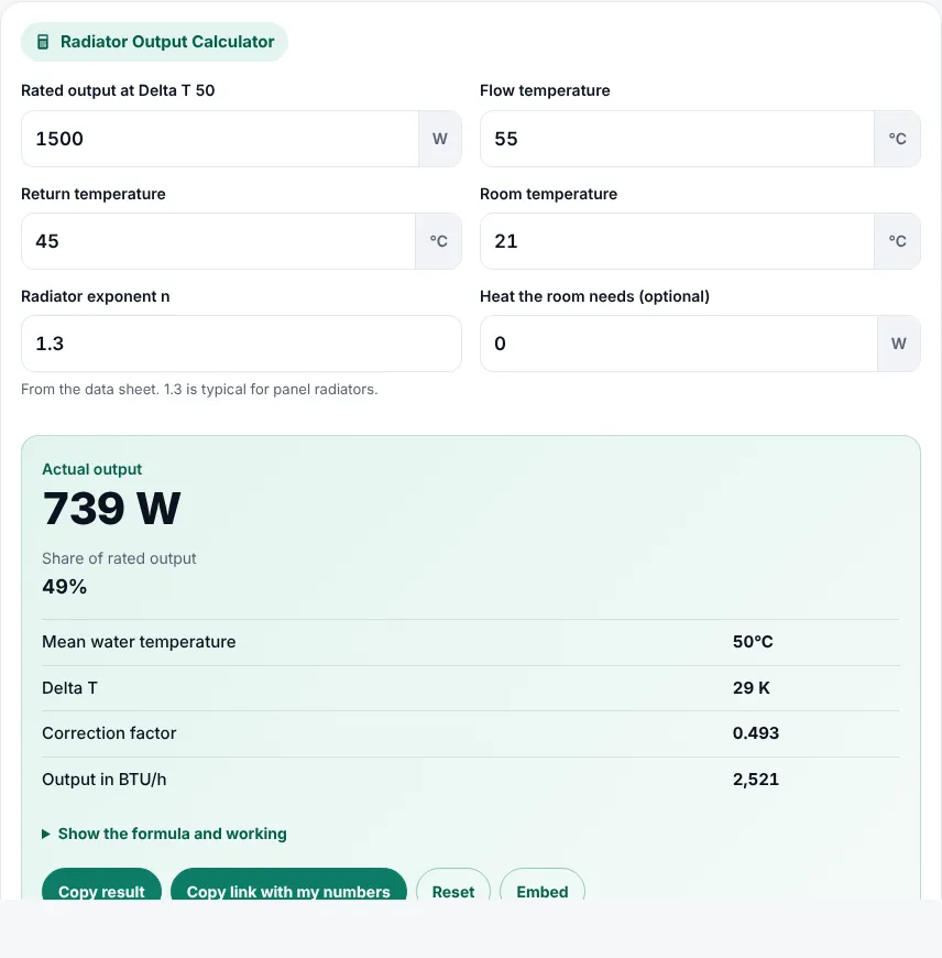 Radiator output calculator inputs for a 1,500 W radiator at 50°C flow and 45°C return
